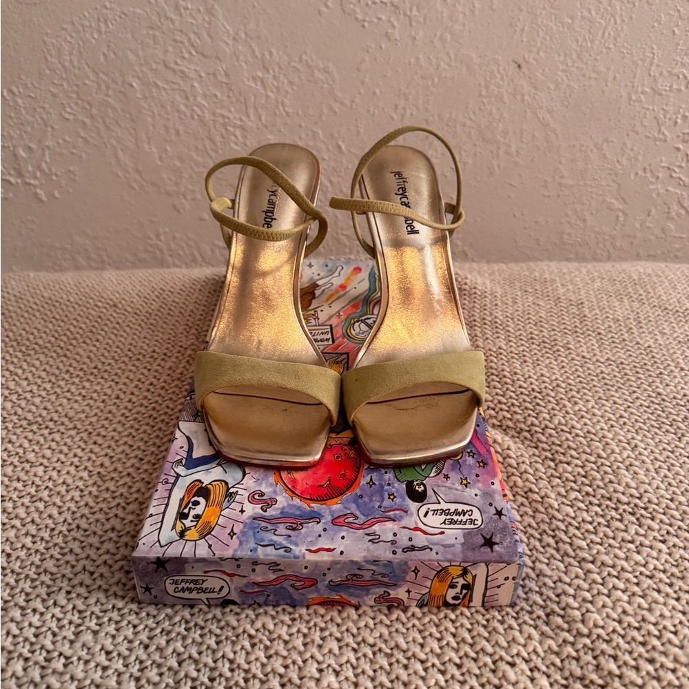 Jeffrey Campbell Gold and Tan Heeled Sandals